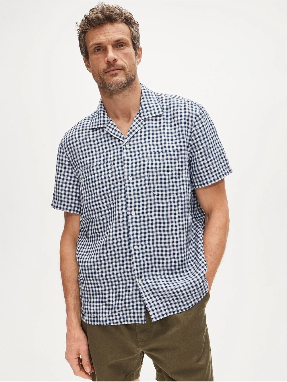J. Crew Navy and White Gingham Short-Sleeve Button-Down Shirt Size L